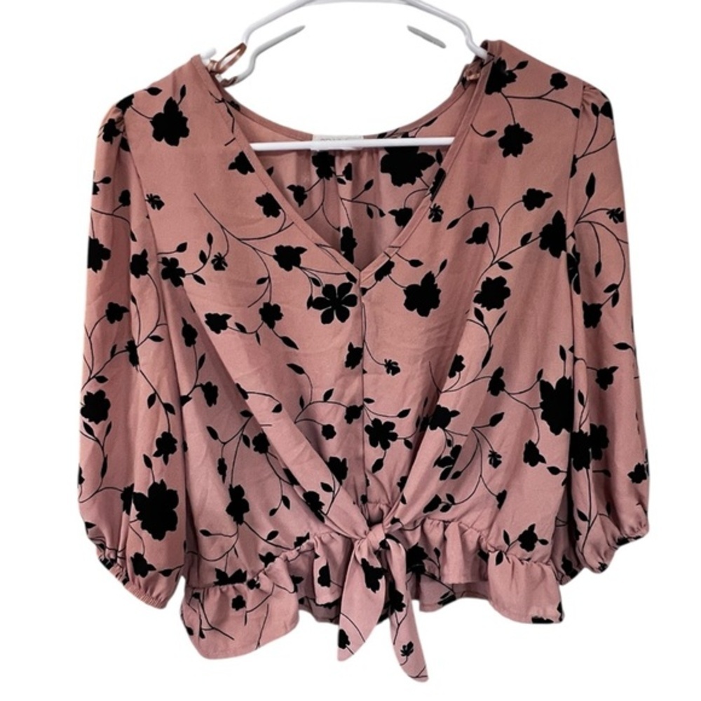 Sienna Sky Tan & Black Floral Tie-Front Blouse